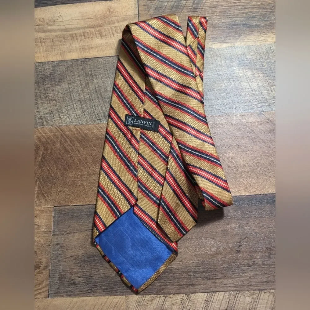 Vintage Lanvin 100% Silk Striped Pattern Tie in Mustard Red Navy White Colorful
